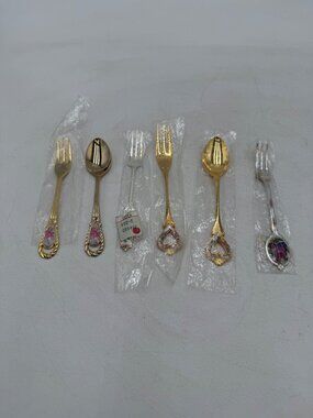 Vintage Gold Silver Mini Forks Spoons Floral Porcelain Handles Set 6